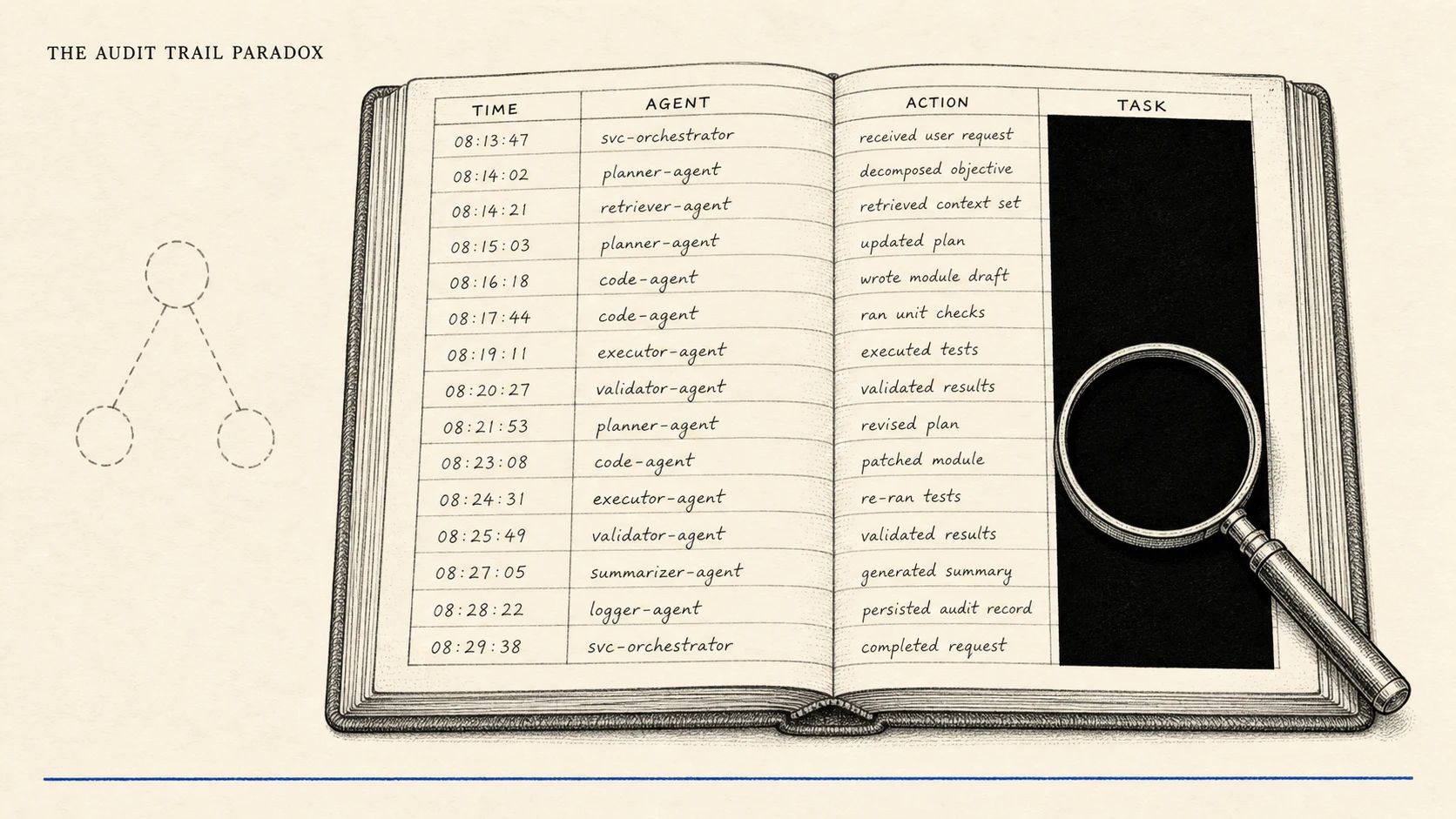 An editorial illustration on warm cream paper in black ink line work. An open ruled logbook lies flat, drawn in fine hatching, with four labelled columns reading TIME, AGENT, ACTION and TASK. The first three columns are filled with legible handwritten entries. The TASK column is covered end to end by a single solid black redaction bar, and a magnifying glass resting on that bar shows the same solid black through its lens. In the left margin a faint three-node delegation tree is sketched with dashed connecting lines. A thin ink-blue line runs across the bottom of the frame.