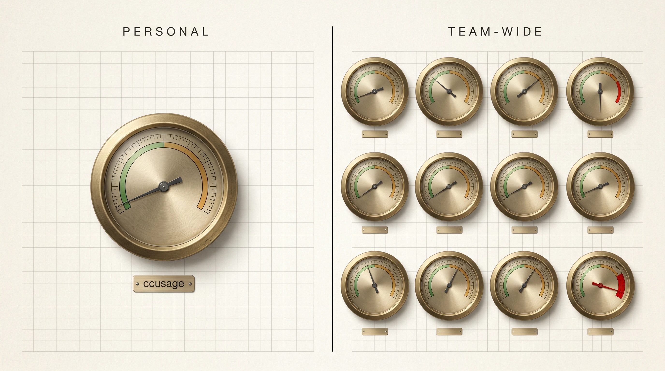 An editorial illustration contrasting a quiet single-meter desk gauge labelled ccusage on the left with a 4 by 3 grid of team-level meters on the right where one runs into a red over-budget zone, used as a metaphor for personal versus team-tier AI cost observability