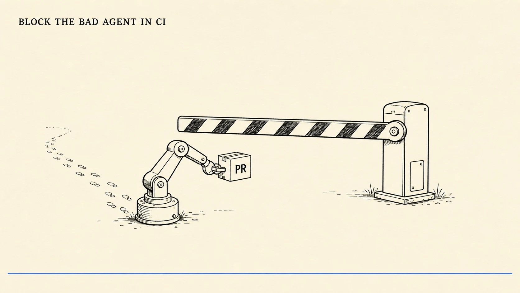 An editorial illustration on warm cream paper in black ink line work: a boom gate or turnstile blocking a small robot arm that carries a parcel labelled PR, while a faint trail of footprints, the agent's trajectory, leads up to the barrier. A small all-caps serif title reading BLOCK THE BAD AGENT IN CI sits in the upper left, and one thin ink-blue line runs along the bottom margin.
