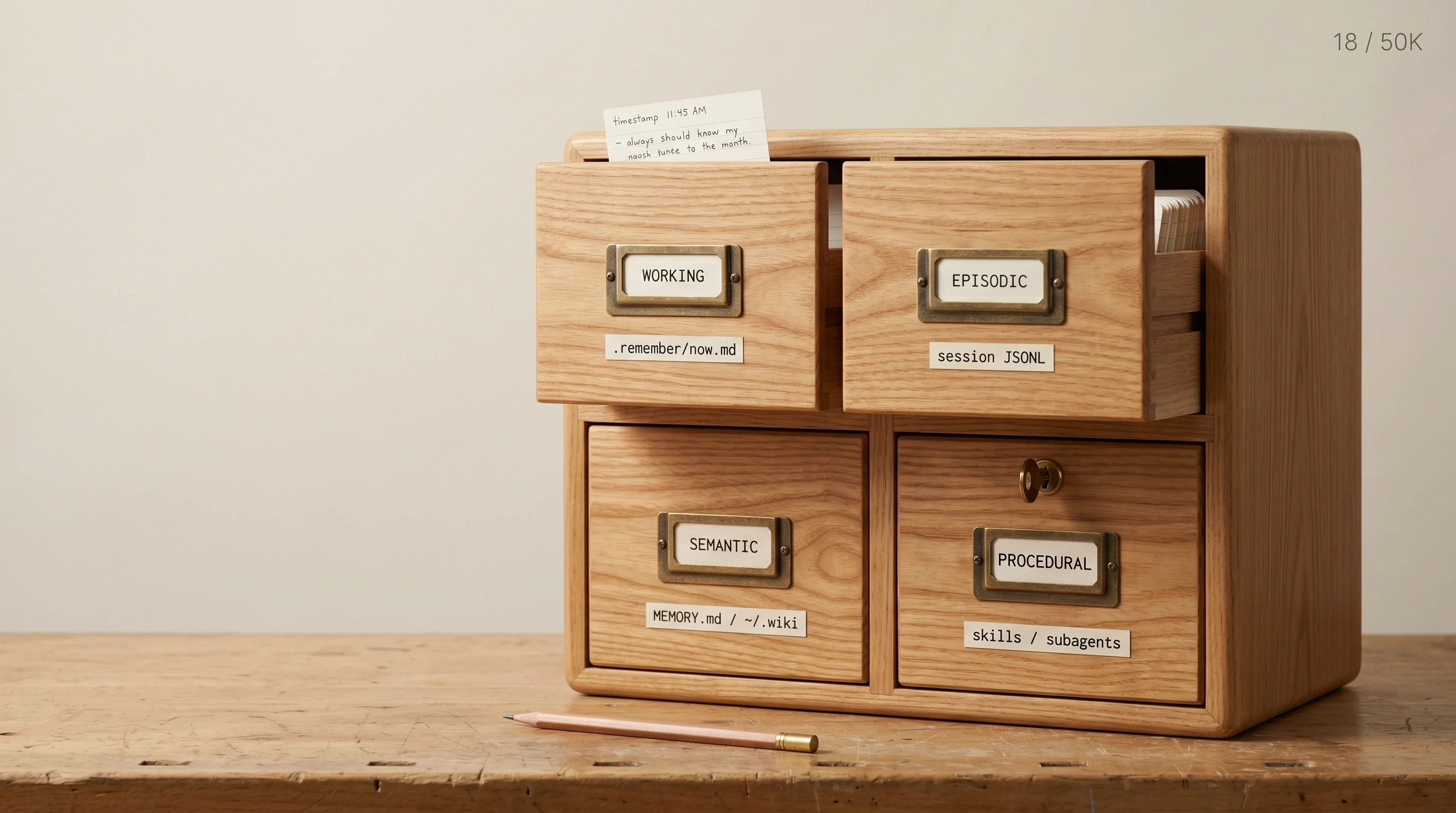 A workshop wall with four labelled drawers (working, episodic, semantic, procedural) feeding a Claude Code session, used as a metaphor for the four-memory architecture mapped onto MEMORY.md, JSONL transcripts, the wiki, and skills