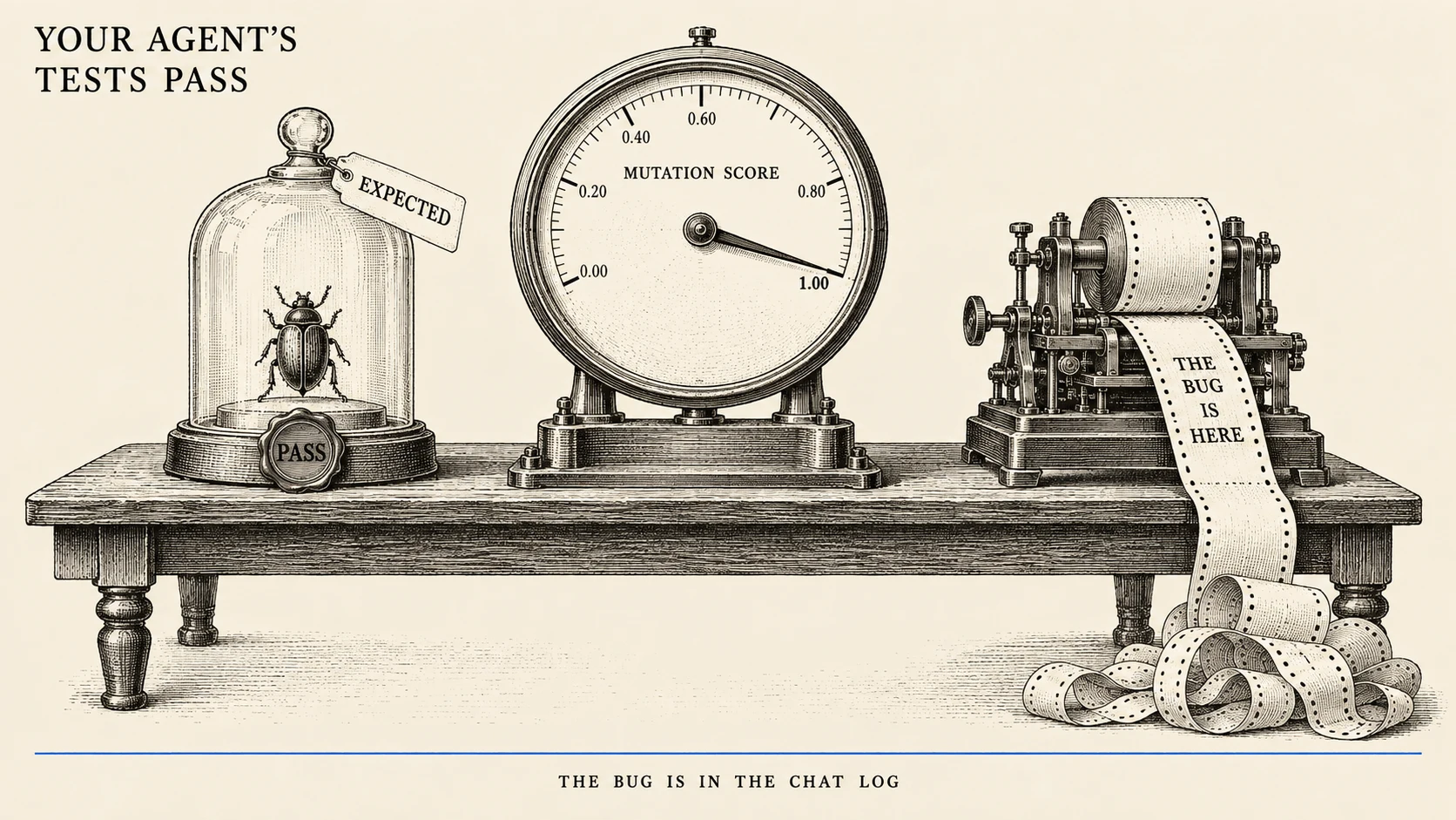 An editorial illustration on warm cream paper in black ink line work, drawn as a Victorian instrument plate of a laboratory bench. On the left, a beetle sits sealed under a glass bell jar with a paper tag reading EXPECTED and a wax seal stamped PASS. In the centre, a round dial gauge labelled MUTATION SCORE has its needle pinned at 1.00. On the right, a ticker-tape machine prints a long paper strip reading THE BUG IS HERE that curls off the edge of the bench and piles unread on the floor. A small all-caps serif title reading YOUR AGENT'S TESTS PASS sits in the upper left, and one thin ink-blue line runs along the bottom margin above the caption THE BUG IS IN THE CHAT LOG.