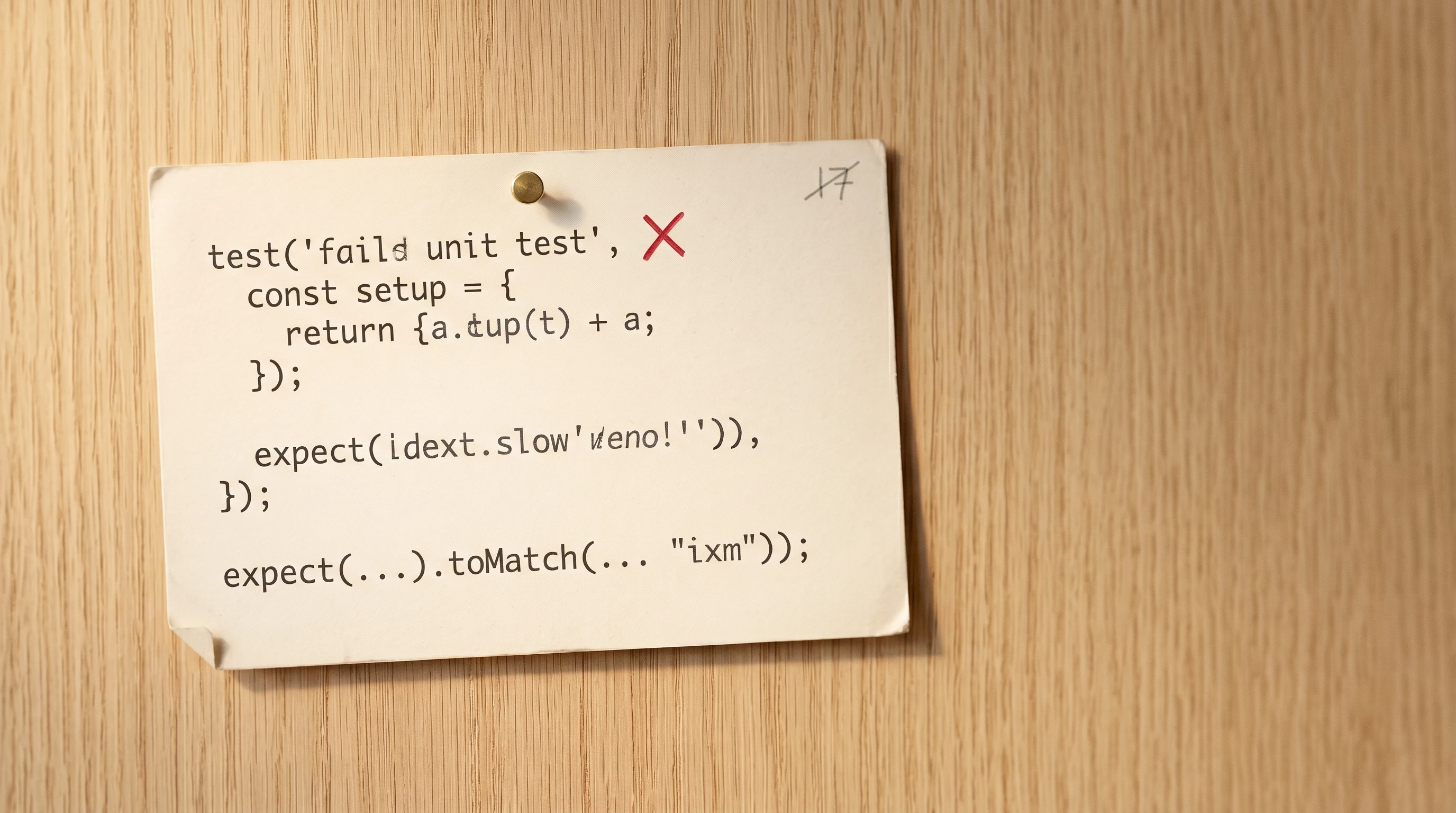 A single index card pinned to a workshop wall with seventeen lines of failing test handwritten on it, used as a metaphor for the failing test as the durable artefact for follow-up agent work