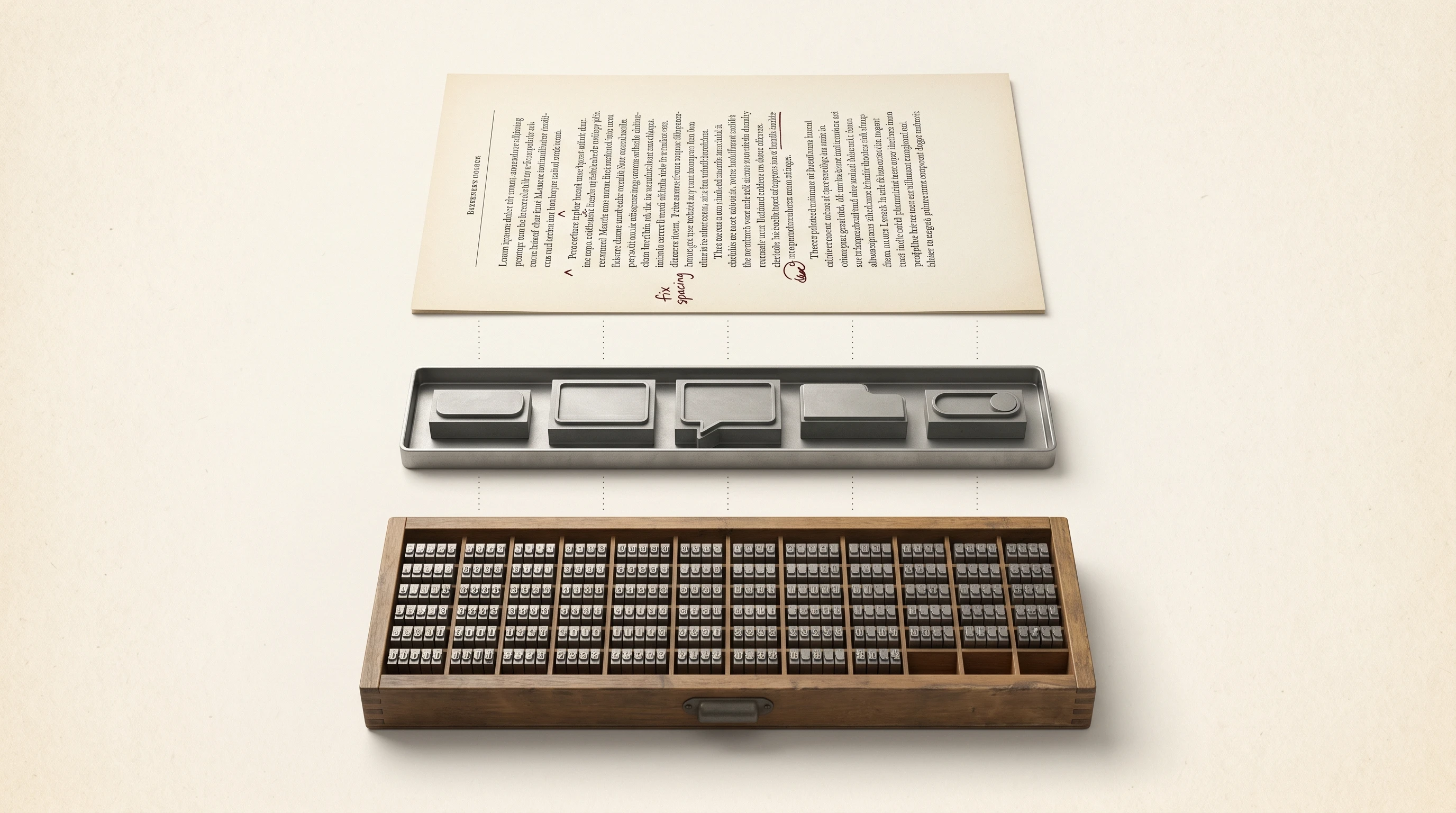 An editorial still-life of a three-tier workshop tableau on aged paper: a wooden letterpress typecase drawer of hundreds of identical metal sorts at the base, a small row of pre-cast composite component blocks in the middle, and a single completed galley page on top marked with handwritten proofreader's annotations, used as a metaphor for the layered substrate beneath AI-generated UI: Tailwind atoms, shadcn primitives, and AI-edited compositions