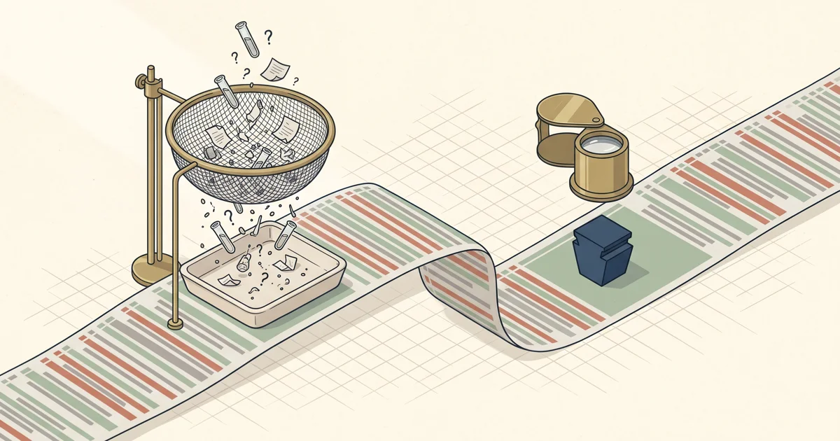 A clean editorial illustration of a code diff flowing through a fine-mesh sieve catching mechanical defects, then through a brass jeweler's loupe inspecting one architectural piece