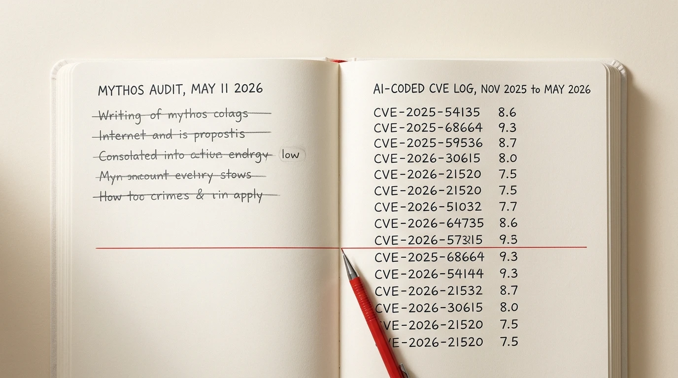 Top-down photo of an open notebook spread. The left page is titled Mythos Audit May 11 2026 and shows five handwritten entries with four of them crossed out and one tagged low. The right page is titled AI-Coded CVE Log Nov 2025 to May 2026 and lists CVE identifiers with their CVSS scores. A red mechanical pencil rests across both pages along a thin red horizontal rule, used as a metaphor for the dual-angle read on AI as both bug-finder and bug-creator.