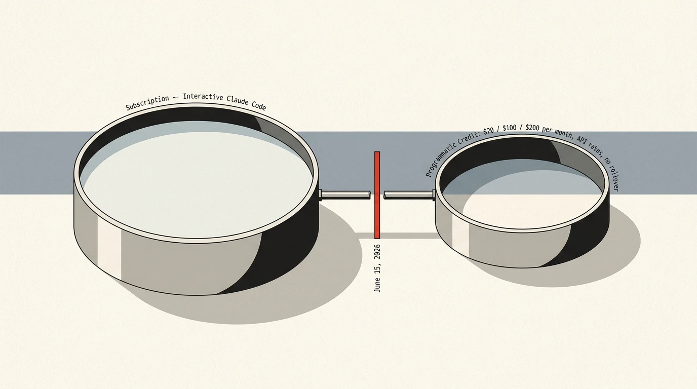 An editorial illustration of two pools connected by a pipe: the larger left-hand pool is labelled Subscription Claude Code (interactive); the smaller right-hand pool is labelled Programmatic Credit at API rates; a vertical red bar labelled June 15 2026 severs the pipe between them, used as a metaphor for the split between interactive and programmatic Claude usage.