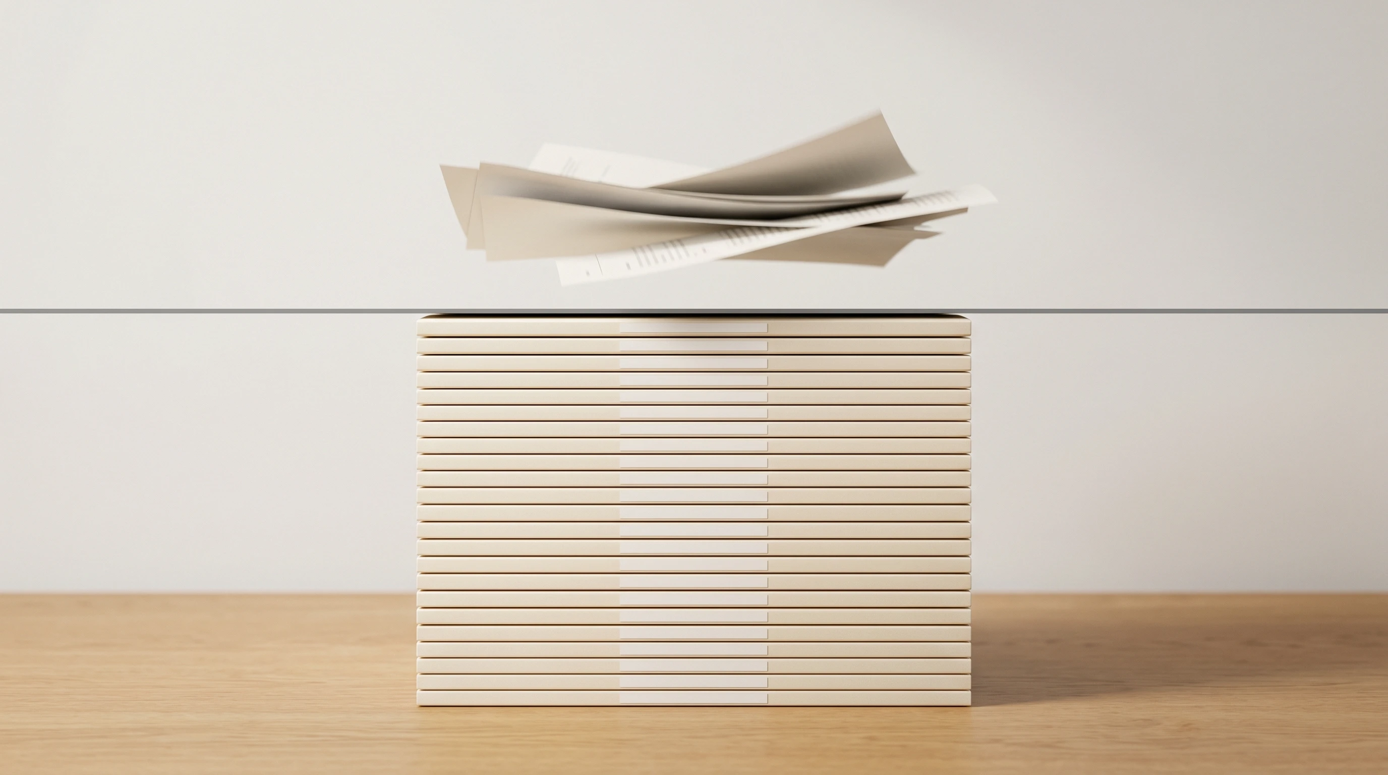 An editorial illustration of a tall stable stack of identical paper folders sitting beneath a thin band of fluttering loose pages, with a cache-breakpoint line drawn between them, used as a metaphor for the stable prefix and ephemeral suffix discipline of cache-aware prompting