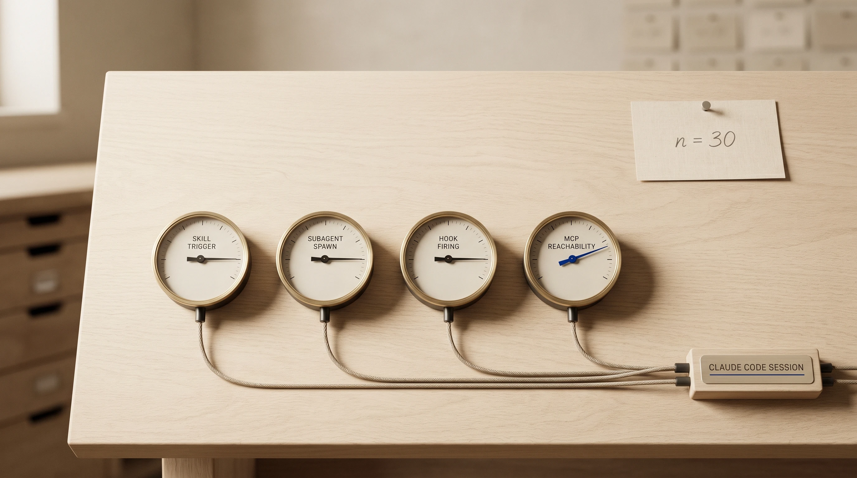 A test bench with four labelled assertion gauges (skill trigger, subagent spawn, hook firing, MCP reachability) wired to a Claude Code session, used as a metaphor for control-plane evals against agentic machinery