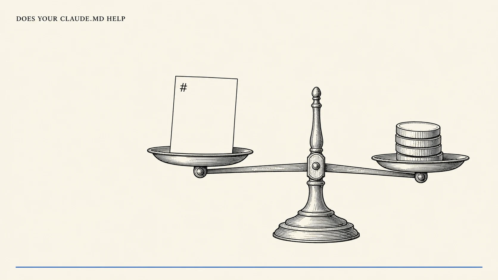 An editorial illustration on warm cream paper showing a single markdown document, marked with a small hash glyph, resting on one pan of an old balance scale while the other pan holds a short stack of coin-like token discs. The two pans sit almost level with the document side dipping only slightly, used as a visual metaphor for whether a CLAUDE.md context file earns the tokens it costs. A small all-caps serif title reading DOES YOUR CLAUDE.MD HELP sits in the upper left, and one thin ink-blue line runs along the bottom margin.