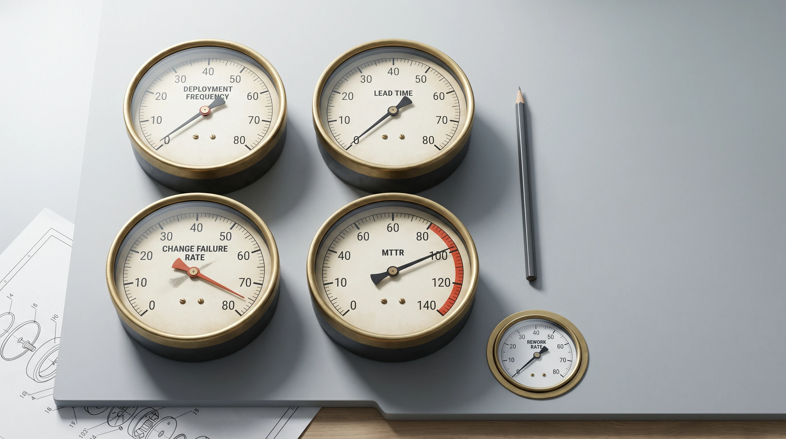 An editorial illustration of a four-dial dashboard with three of the dials visibly disconnected from the underlying meters they claim to read, used as a metaphor for DORA's four classic metrics drifting from the system they were built to measure