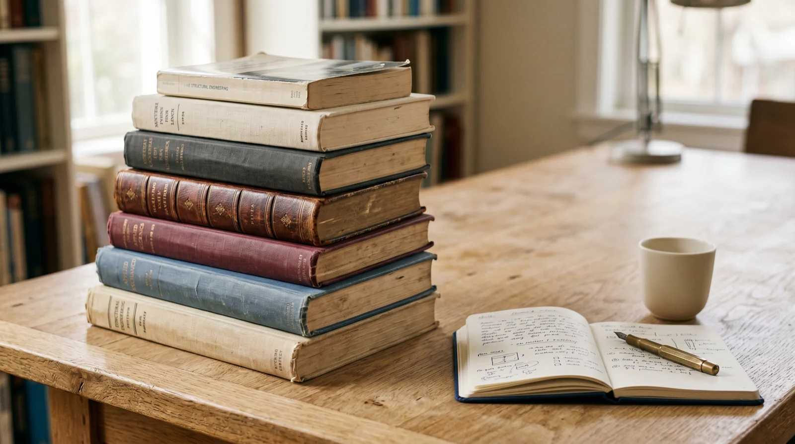 A stack of well-worn engineering books on a desk in warm daylight, suggesting the durable layer beneath any paradigm