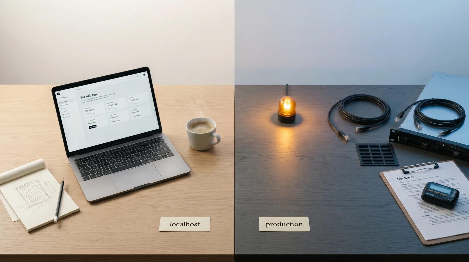 An editorial split-frame illustration: a bright, friendly desk with a laptop running a finished app on the left labelled localhost, separated by a thin vertical line from a darker server room with a billing alarm light glowing red on the right labelled production, used as a metaphor for the gap between an AI-built MVP and a deployed production application.