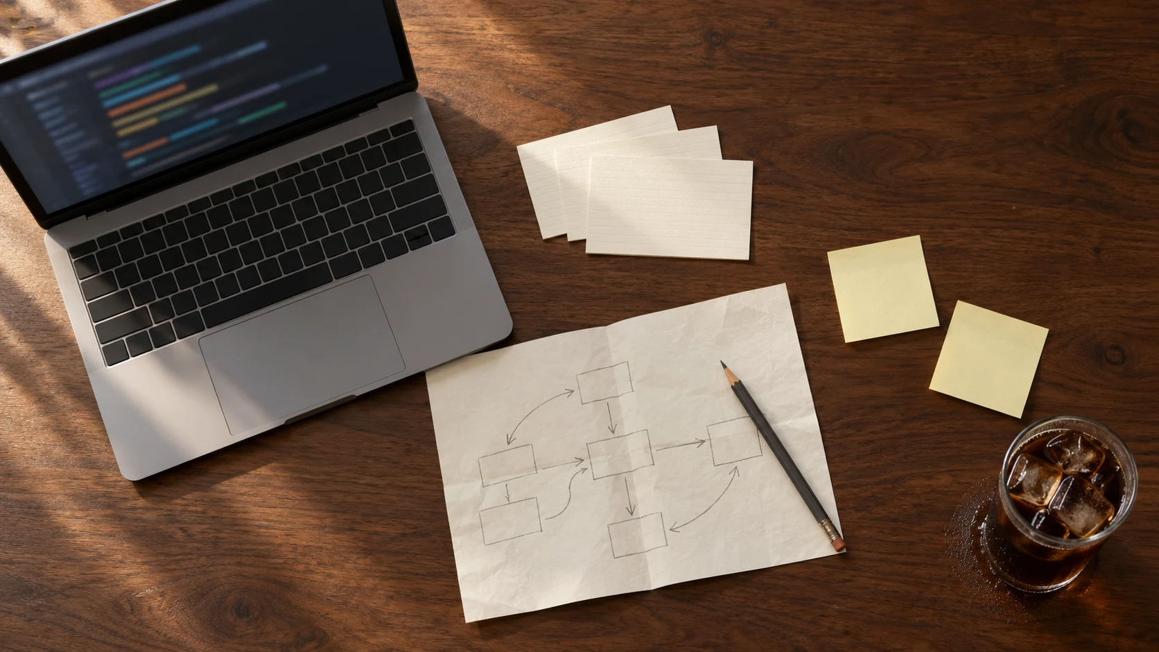 An overhead editorial photograph of a walnut desk. An open laptop shows a blurred code editor, beside fanned blank index cards, two pale-yellow sticky notes, a folded sheet with a pencil sketch of boxes connected by arrows, a graphite pencil, and a glass of iced cold brew coffee.