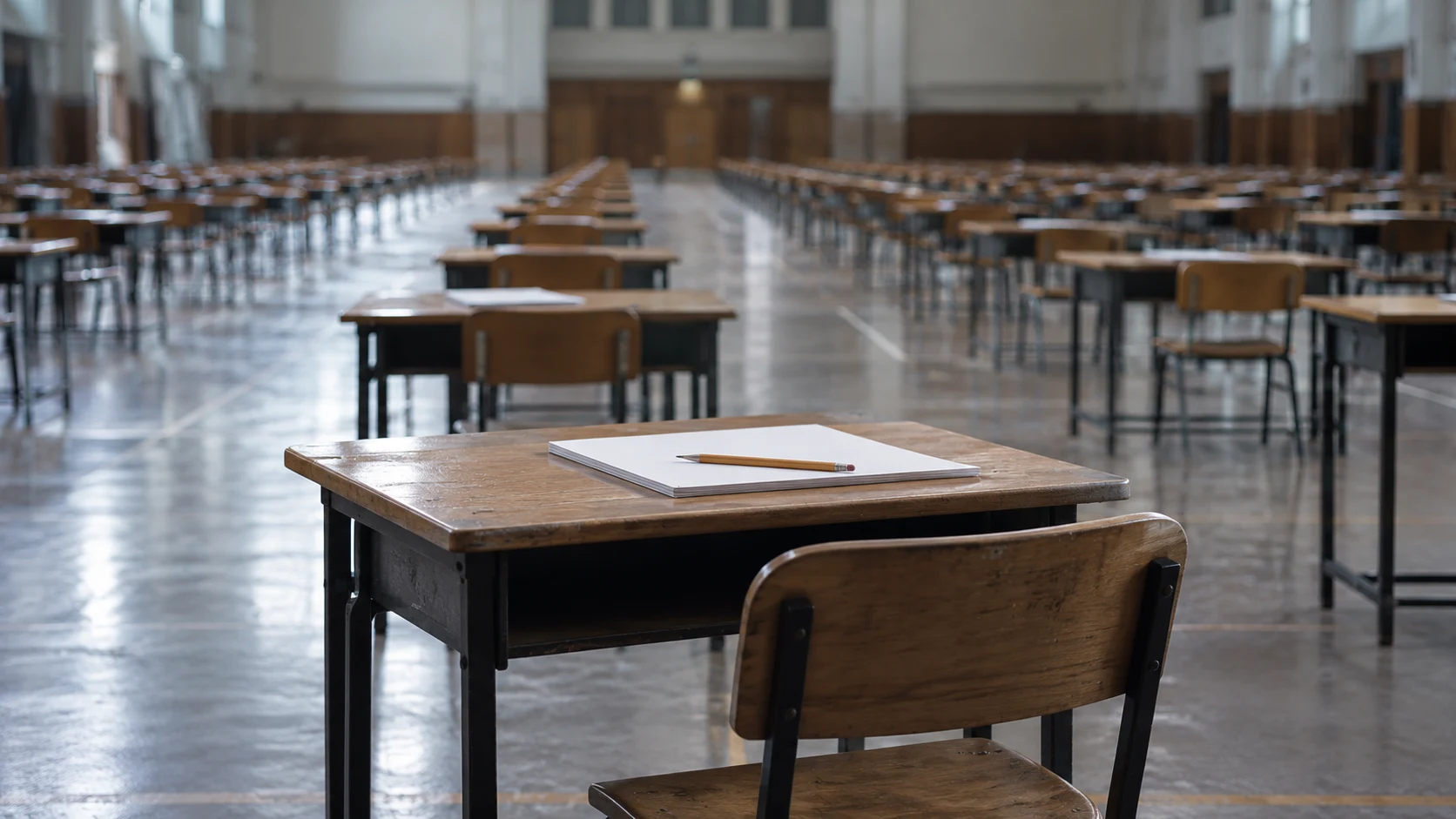 An editorial photograph of a vast, empty exam hall with rows of wooden desks receding into the distance. In the foreground one desk holds a finished stack of paper with a pencil laid on top, and its chair is empty.