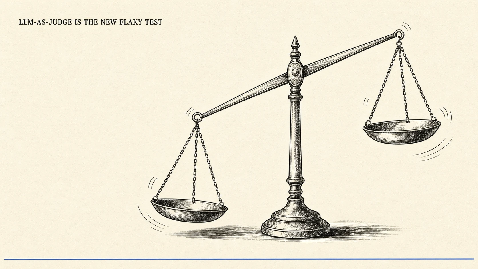 An editorial illustration on warm cream paper showing a classic ink-line balance scale drawn mid-wobble: the beam tilts off level, one pan swings higher than the other, and short motion ticks mark the sway, a visual metaphor for an unsteady grader. A small all-caps serif title reading LLM-AS-JUDGE IS THE NEW FLAKY TEST sits in the upper left, and one thin ink-blue line runs along the bottom margin.