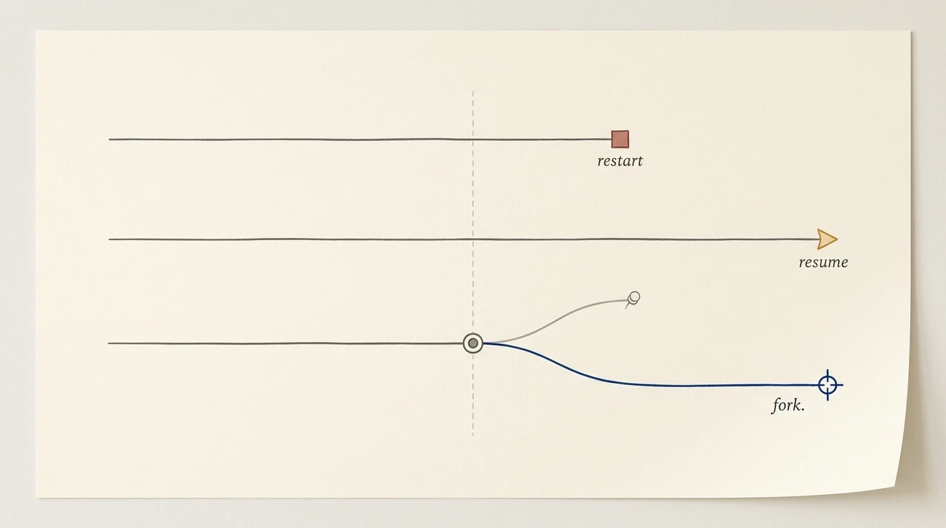 An editorial schematic on warm cream paper showing three parallel agent-session traces: the top trace ends at a muted red square labelled restart, the middle trace continues with an ochre arrow labelled resume, and the bottom trace forks at a checkpoint glyph into a pinned suspended branch and an ink-blue corrected branch that reaches a crosshair goal target labelled fork, used as a metaphor for the three recovery paths after a drift threshold breach