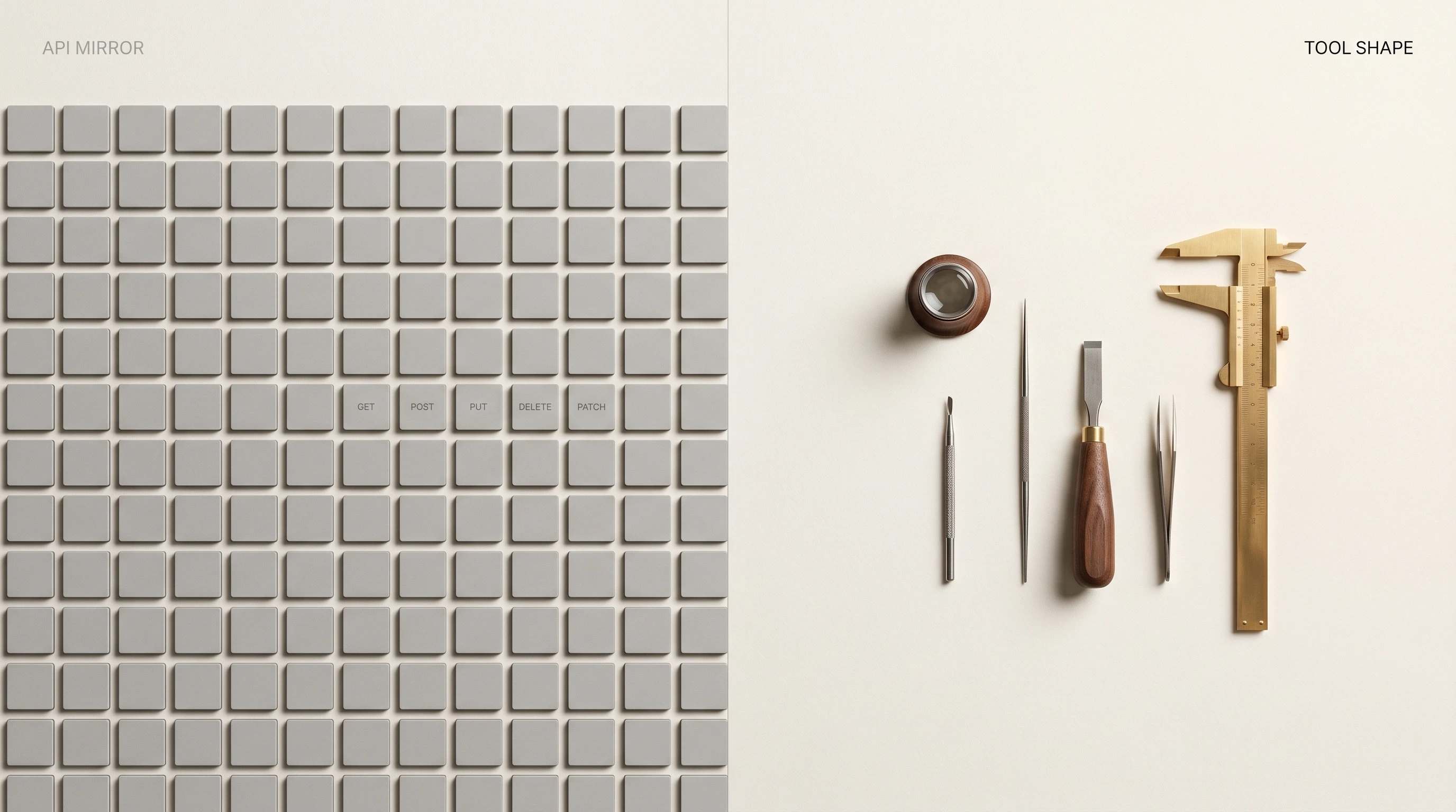 An editorial illustration contrasting a wall of identical generic boxes labelled API mirror with a smaller set of differently-shaped purpose-built tools labelled tool shape, used as a metaphor for two opposing approaches to MCP server design