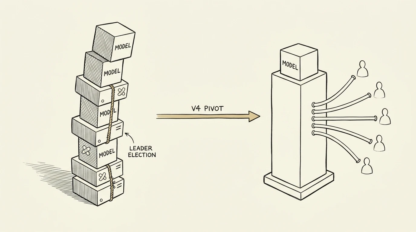 An editorial illustration on warm cream paper showing on the left side a row of five identical small server boxes each carrying a heavy duplicated cube labelled MODEL, stacked in a fragile column with bandages and a rope labelled LEADER ELECTION tying two of them together, and on the right side a single tall daemon box on a wide stable base with one cube of the same size feeding many thin pipes that fan out to five subagent silhouettes, an arrow between the two halves labelled V4 PIVOT, used as a metaphor for the stdio per-subprocess MCP model versus a single shared daemon