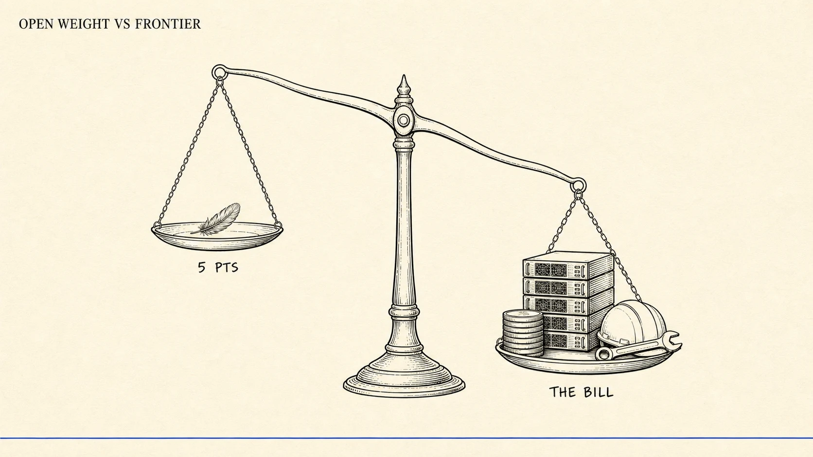 An editorial illustration on warm cream paper showing a two-pan balance scale in black ink. The left pan rides high holding only a single feather labelled 5 PTS. The right pan sits low and heavy under a stack of server racks, coins, and an operations tool, labelled THE BILL, a metaphor for a small benchmark gap outweighed by the real total cost of running open-weight models.