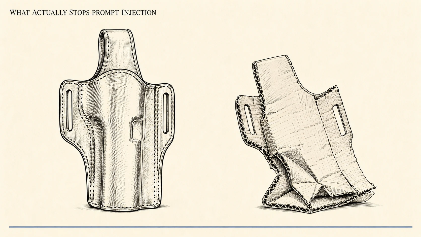 An editorial illustration on warm cream paper in black ink line work: a sturdy stitched holster beside a flimsy cardboard cutout shaped like a holster that is buckling under its own weight. A small all-caps serif title reading WHAT ACTUALLY STOPS PROMPT INJECTION sits in the upper left, and one thin ink-blue line runs along the bottom margin.