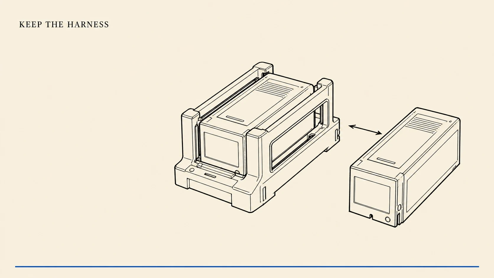 Black-ink terminal harness with two swappable model engines, representing Claude Code running Claude or GPT models.