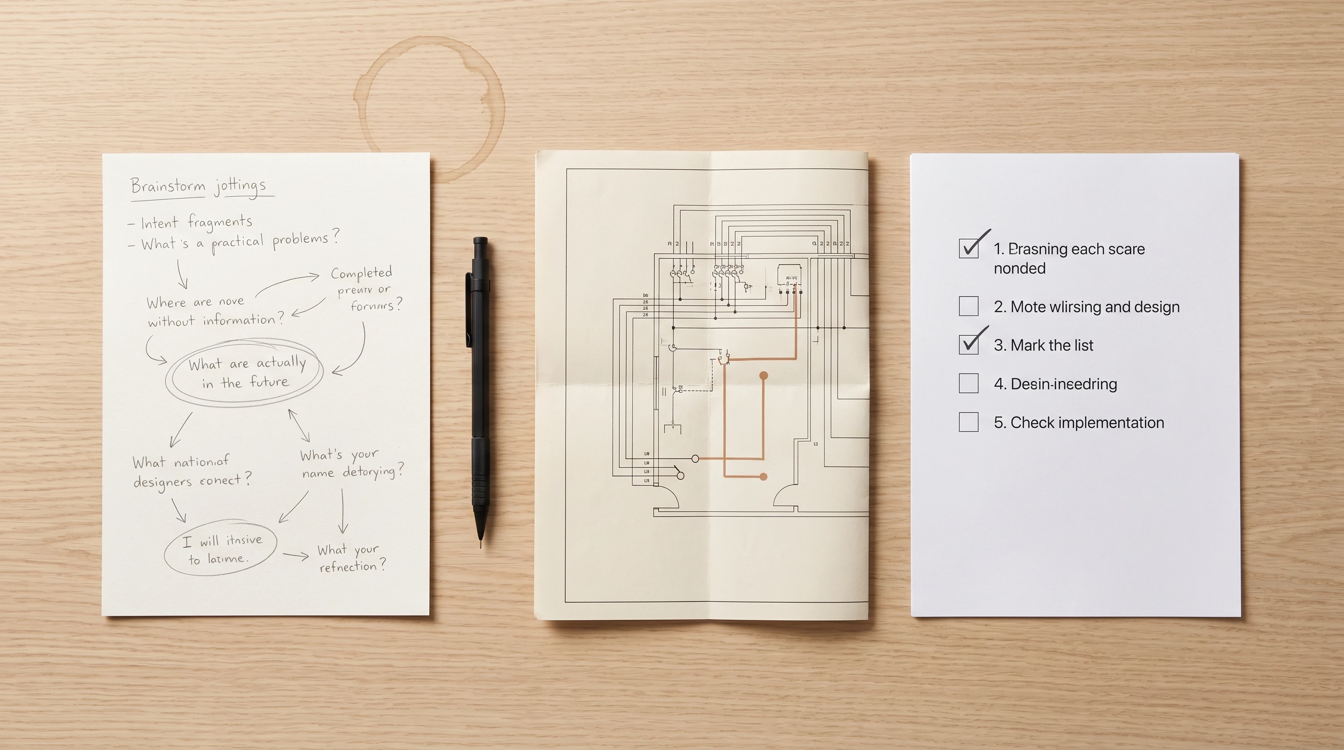 A workshop bench with three labelled drawers (brainstorm, design, plan) feeding a single output, used as a metaphor for the durable artefact pipeline that produces an agent-executable plan
