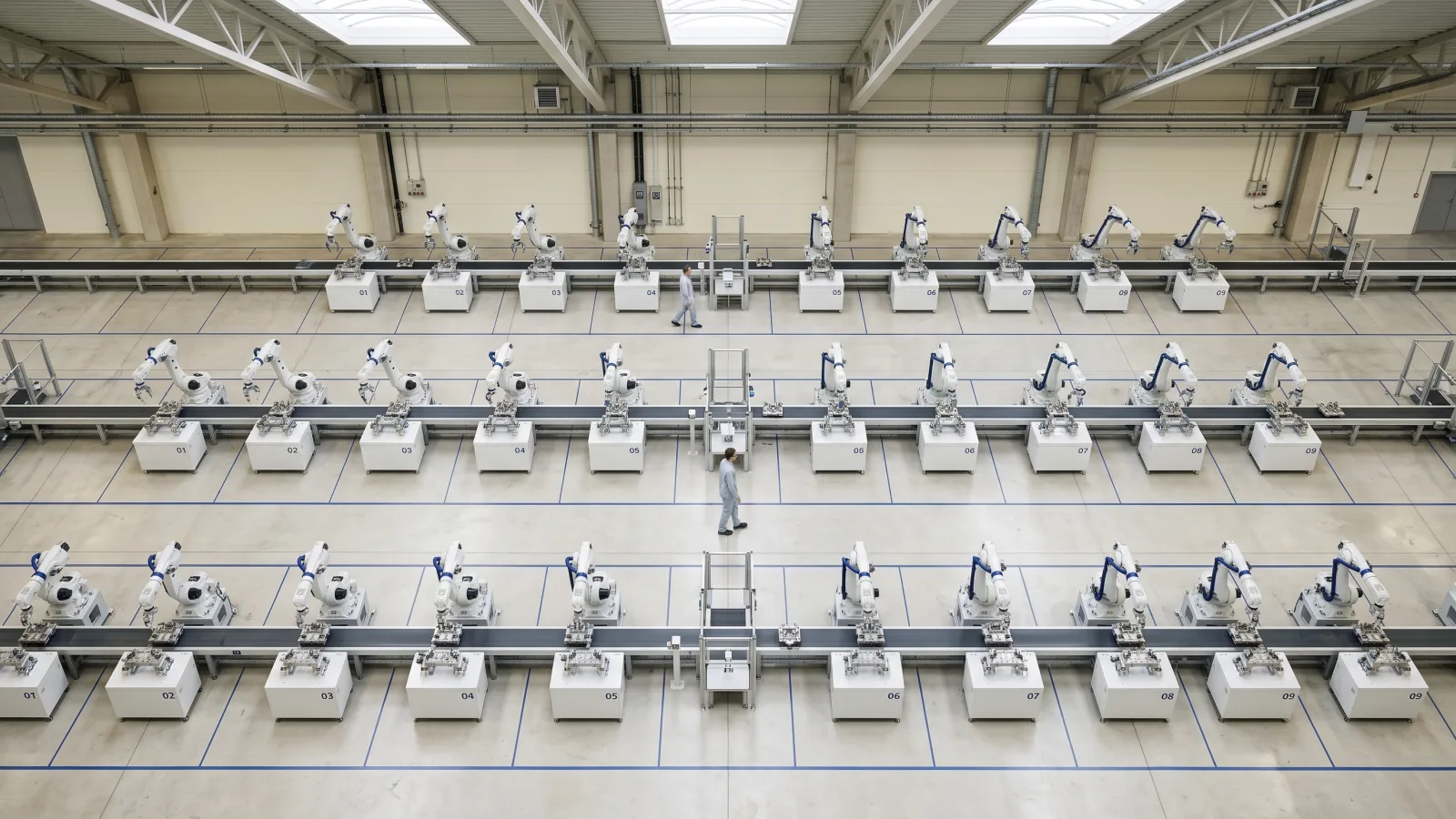 An overhead view of a precision manufacturing floor with three parallel conveyor lanes, used as a metaphor for the wave-based dispatch pattern in subagent-driven development