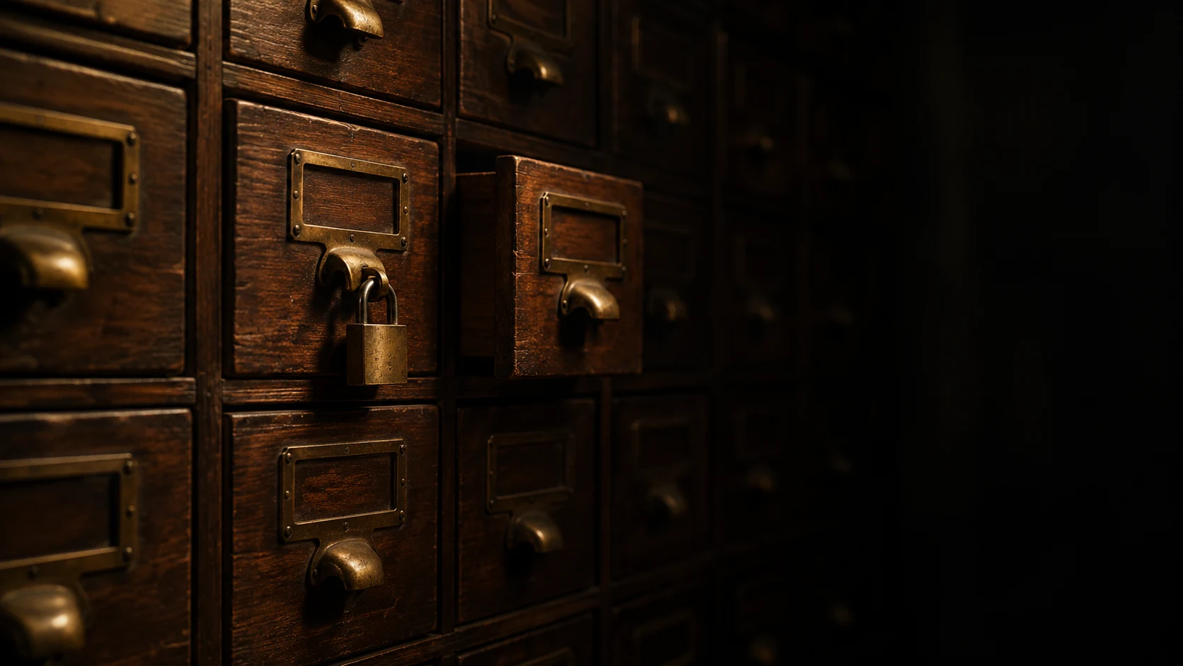 An old wooden card-catalogue cabinet in near darkness. One drawer is shut with a brass padlock; the unlocked drawer right beside it stands slightly open.