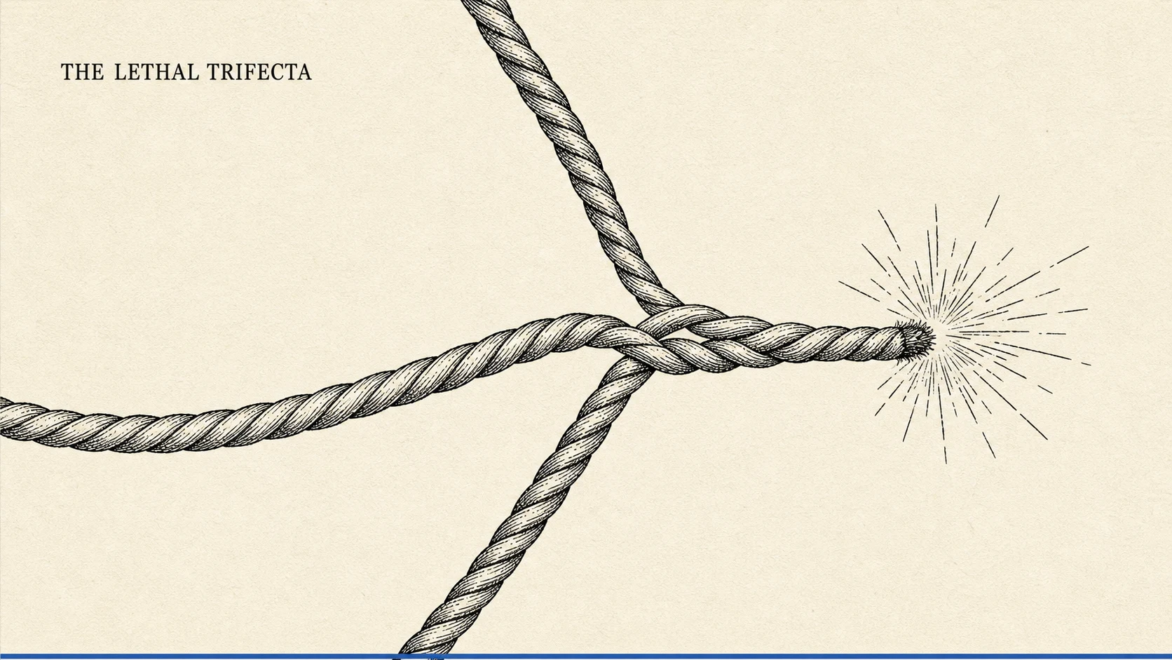 An editorial pen-and-ink illustration on warm cream paper showing three separate rope-like fuse cords entering from three directions and braiding together into a single twisted knot at the center; from the knot one joined fuse runs to the right and ends in a lit, sparking tip drawn as a burst of fine ink lines, an imminent detonation. A small all-caps serif title reading THE LETHAL TRIFECTA sits in the upper left, and one thin ink-blue line runs along the bottom margin.