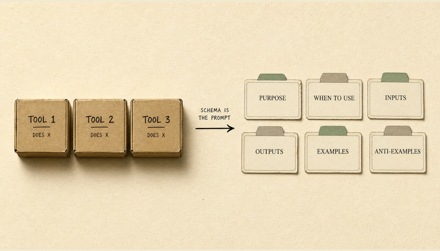 An editorial illustration on warm cream paper showing on the left a row of small generic boxes labelled tool one and tool two and tool three each tagged with the words DOES X and on the right a smaller set of differently shaped index cards labelled PURPOSE and WHEN TO USE and INPUTS and OUTPUTS and EXAMPLES and ANTI-EXAMPLES with neat tabs along their edges. A horizontal arrow between the two halves is labelled SCHEMA IS THE PROMPT. The image is used as a metaphor for tool descriptions functioning as prompt engineering for AI coding agents rather than as docstrings written for humans.