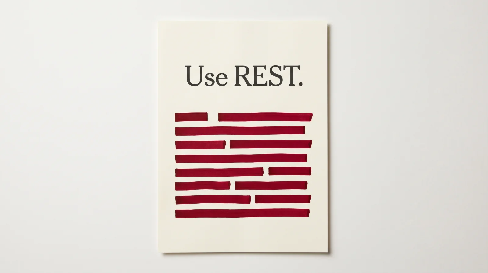 Paper with the line 'Use REST.' intact above red redaction bars covering the rest of the paragraph.