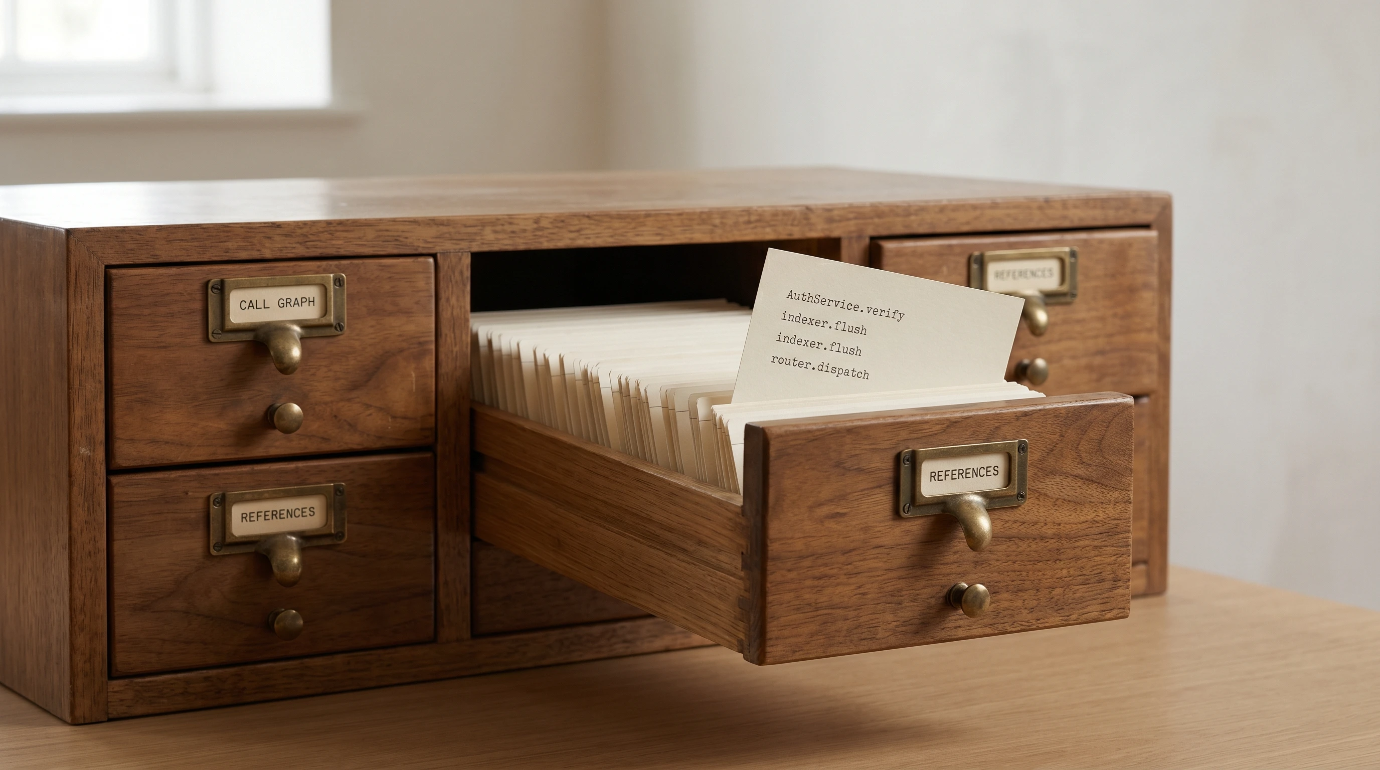 Library card catalogue close-up showing rows of indexed wooden drawers, used as a metaphor for the symbol index that sits at the heart of a well-designed codebase MCP server
